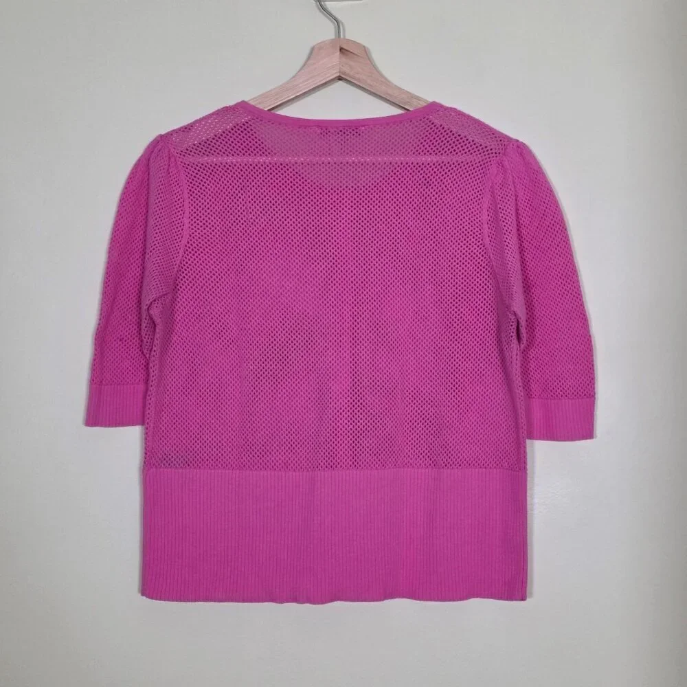 Bianca Nygard Cardigan Womens XL Hot Pink SS Button Up Round Neck Boho Open Knit
